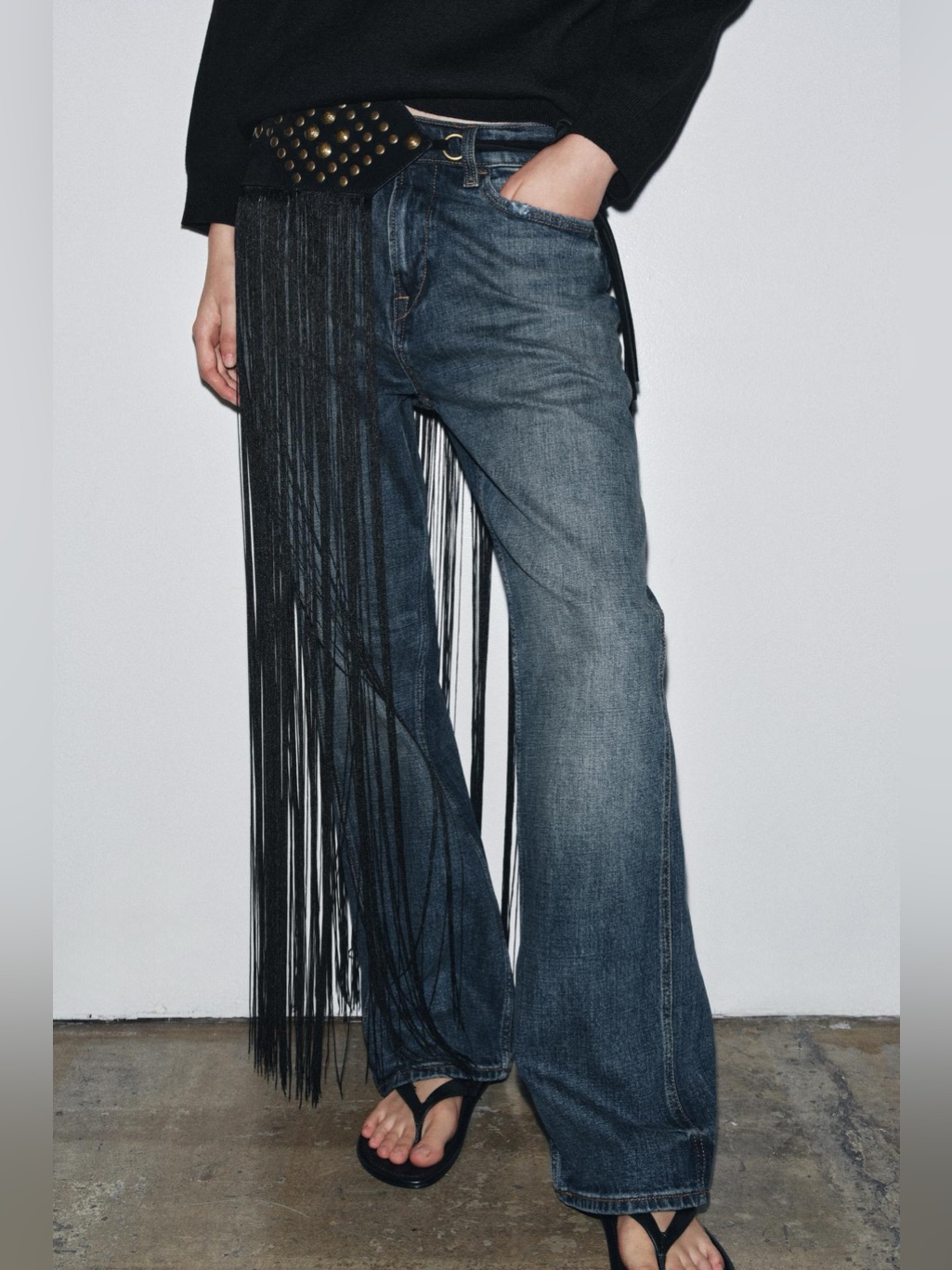 Nwt. Zara Black 100 % Leather Waist Belt With Studs And Fringes. Size 30.